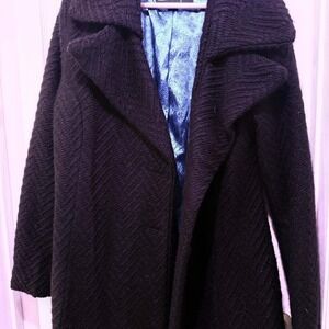 Nanette Lepore Herringbone Textured Belted Long Coat Black Large